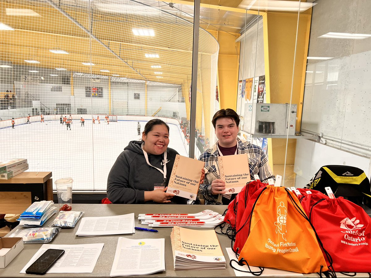 OFNYPC_Official's tweet photo. 🏒 OFNYPC and the Chiefs of Ontario Youth Sector are set up on the second floor of the Iceland Arena, promoting our Youth Governance Toolkit. 

The COO Health Sector is also here providing information on Non-Insured Health Benefits and Jordan’s Principle. 

Good luck to all of the teams playing this week! We are enjoying our time here cheering on the youth! 🎉

#LittleNHL