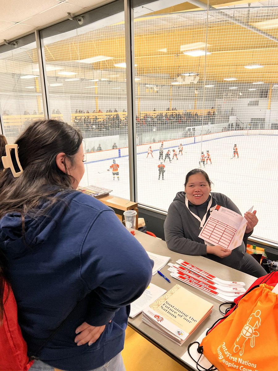 🏒 OFNYPC and the Chiefs of Ontario Youth Sector are set up on the second floor of the Iceland Arena, promoting our Youth Governance Toolkit. 

The COO Health Sector is also here providing information on Non-Insured Health Benefits and Jordan’s Principle. 

Good luck to all of