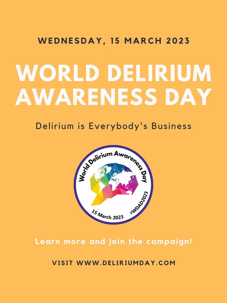 #WDAD2023 is here (starting in Australia). Assessment, preventing and managing #delirium is everyones business.  What is your team doing today?
Ping <a href="/WesElyMD/">WesElyMD</a> <a href="/pratikpande15/">Pratik Pandharipande</a> <a href="/DrDaleNeedham/">Dale Needham, MD, PhD</a> <a href="/timothygirard/">Timothy Girard</a> <a href="/JimRudolphMD/">Jim Rudolph</a> <a href="/A_MacLullich/">Alasdair MacLullich</a> <a href="/robertaevcastro/">Roberta E V Castro🇧🇷🧠</a> <a href="/deliriumkrish/">Prof M Santhana Krishnan💙💛</a> <a href="/MarkOldhamMD/">Mark Oldham</a>