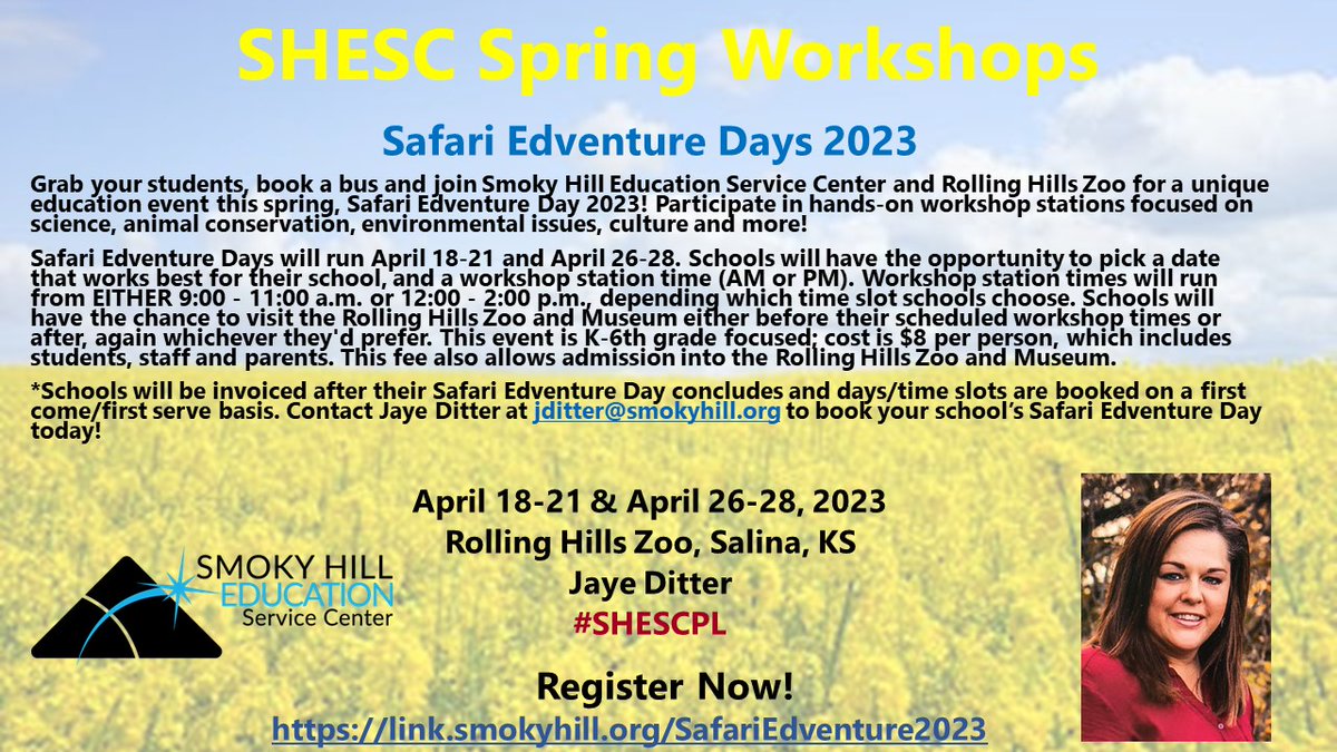 JayeDitter's tweet photo. Still time to register! Looking for a unique and FUN field trip for your K-6th grade students? Look no further! Book a Safari Edventure Day this April! Contact Jaye Ditter for more details and to reserve your day! Zoo workshops, museum and zoo entrance included! @SmokyHillEd https://t.co/CxTTjMnEoV