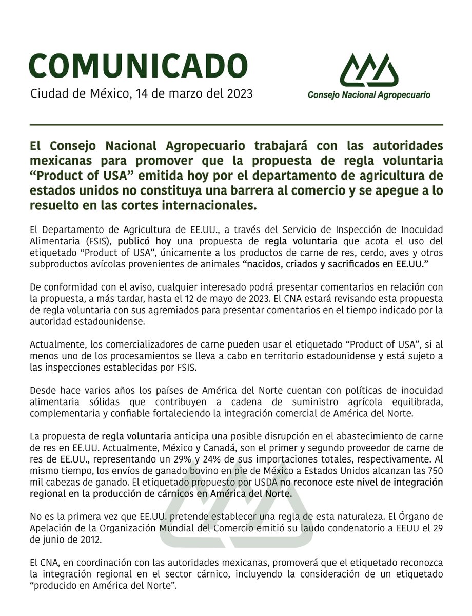 CNAgropecuario's tweet photo. #Comunicado | EL CNA trabajará con las autoridades mexicanas para promover que la propuesta de regla voluntaria “Product of USA” emitida por el departamento de agricultura de USA no constituya una barrera al comercio y se apegue a lo resuelto en las cortes internacionales. https://t.co/ONVYCdqLhm