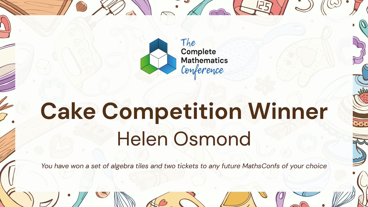 LaSalleEd's tweet photo. π° Thank you to everyone who took part in our cake competition at #MathsConf31!
Congratulations to Helen Osmond @ChippenhamMaths who ultimately won.
You have won...
πA set of algebra tiles and two tickets to any future #MathsConfs of your choice https://t.co/7Jk2PY1Lgz