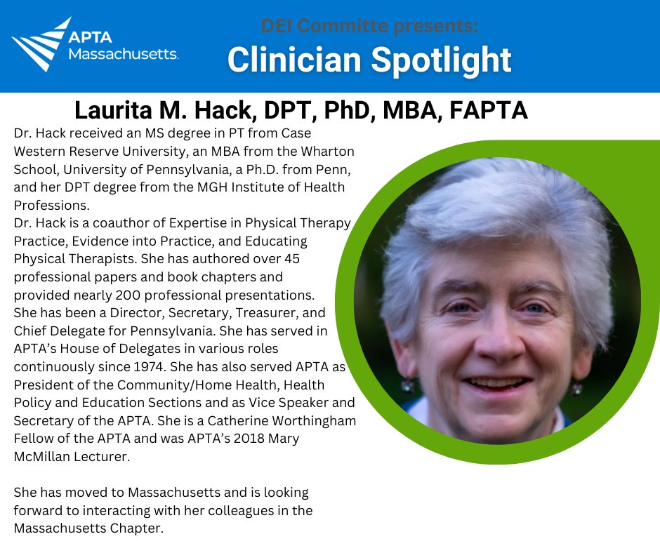 Dr. Laurita Hack is an excellent example of a female leader in the profession of Physical Therapy. Her work through advocacy, research, education, and mentorship is astounding. We would like to welcome Dr. Hack to Massachusetts!  Celebrating Women's History Month.