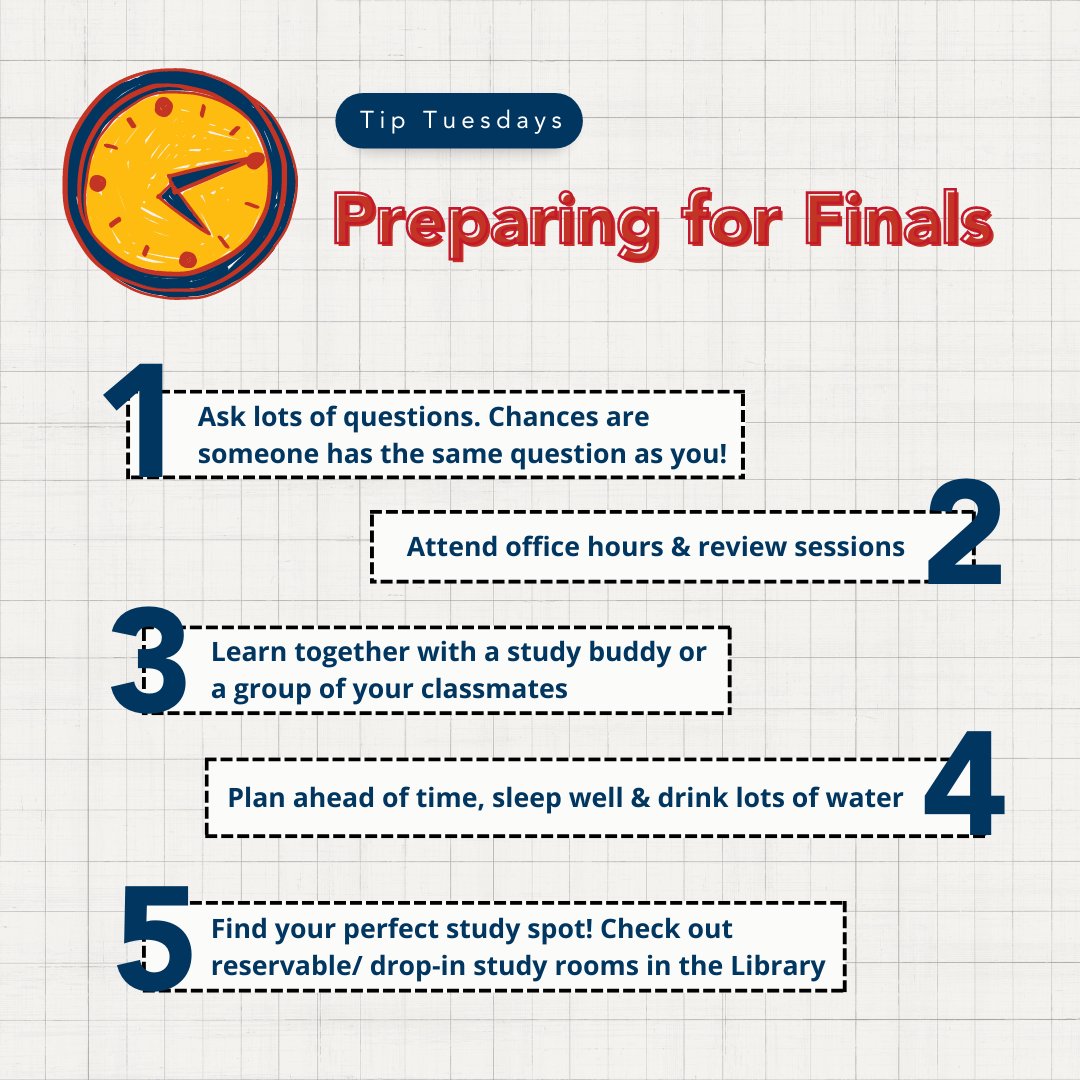 Are you ready for finals? Check out these study tips to help you succeed! Take frequent breaks, stay hydrated, and get enough sleep. Practice active recall by quizzing yourself or explaining concepts to a friend. And don't forget to stay positive and confident in your abilities.