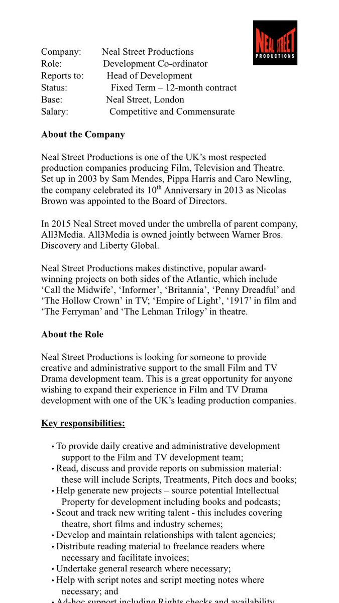 luffers's tweet photo. #nealstreet are after a #developmentcoordinator. Founded by Sam Mendes, Pippa Harris (once shared a cab with her but she’d never remember me - fan girl) &amp; Caro Newling. Home of award winning shows loved by many.

Exp in script reading &amp; passion for drama essential.
Deadline 24th. https://t.co/vgTHvXVDUq