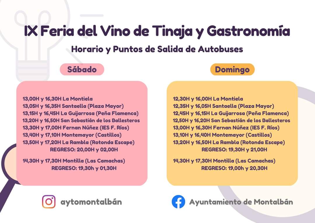 🚌 𝐒𝐄𝐑𝐕𝐈𝐂𝐈𝐎 𝐃𝐄 𝐀𝐔𝐓𝐎𝐁𝐔́𝐒 𝐃𝐔𝐑𝐀𝐍𝐓𝐄 𝐋𝐀 𝐅𝐄𝐑𝐈𝐀 𝐃𝐄𝐋 𝐕𝐈𝐍𝐎 | Tan importante como pasarlo bien es hacerlo de forma responsable. Os recordamos el servicio de bus para la Feria del Vino

#montalbán #FeriadelVino #montillamoriles #bus #consumoresponsable