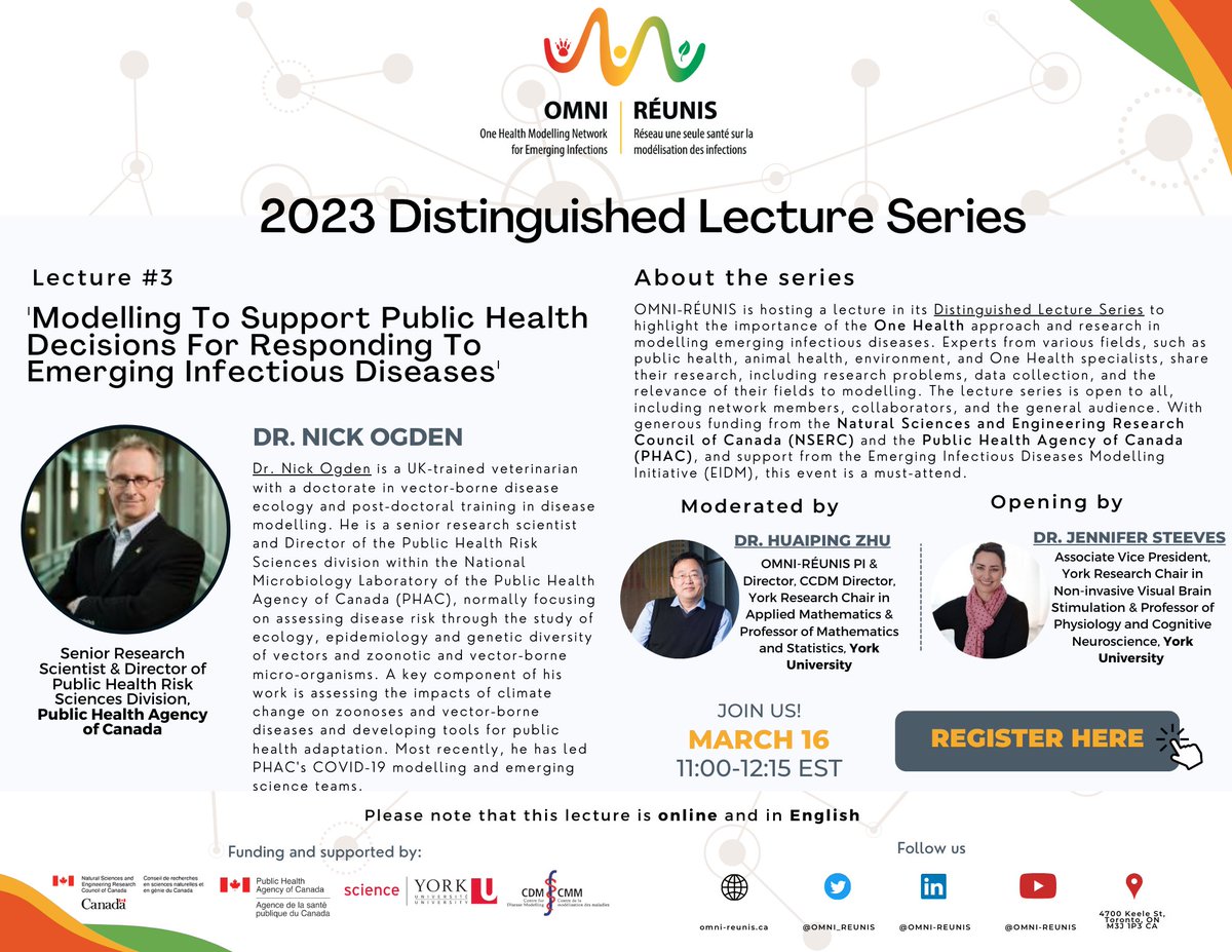 One Health Modelling Network for Emerg. Infections (@omni_reunis) on Twitter photo 🗓️ Join us on March 16 from 11:00-12:15 EST for our Distinguished Lecture Series featuring Dr. Nick Ogden from <a href="/PHAC_GC/">Public Health PHAC</a> . He will share insights on modelling for responding to emerging infectious diseases. Register now!➡️yorku.zoom.us/meeting/regist…
#publichealth #emergingdiseases 🗓️ Join us on March 16 from 11:00-12:15 EST for our Distinguished Lecture Series featuring Dr. Nick Ogden from <a href="/PHAC_GC/">Public Health PHAC</a> . He will share insights on modelling for responding to emerging infectious diseases. Register now!➡️yorku.zoom.us/meeting/regist…
#publichealth #emergingdiseases