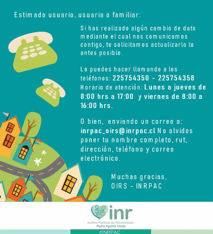 inrpac's tweet photo. Para una buena atención y una correcta entrega de información, es importante que nuestra OIRS tenga sus datos correctos y actualizados, por eso, si han realizado algún cambio de 🏠☎️📱📫 durante este último tiempo, por favor se comuniquen con nosotros. https://t.co/DNIFOrHt01