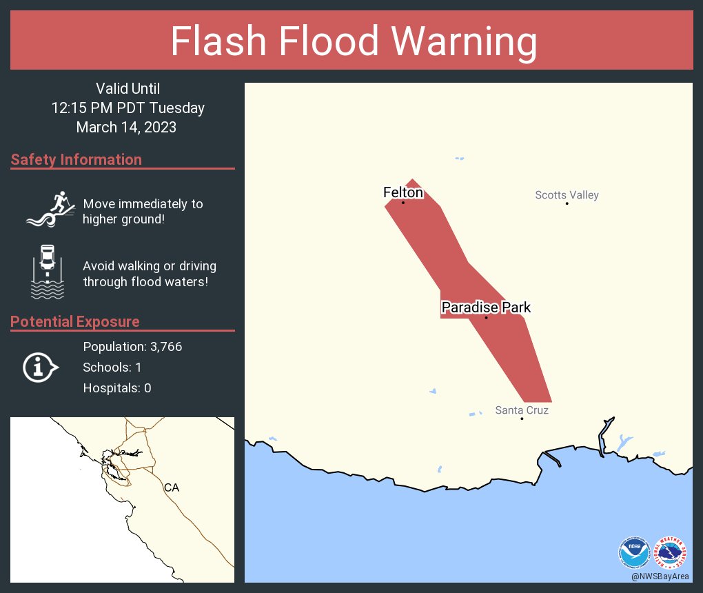 NWSBayArea's tweet photo. Flash Flood Warning including Felton CA and Paradise Park CA until 12:15 PM PDT https://t.co/FuJ1AvYlvn