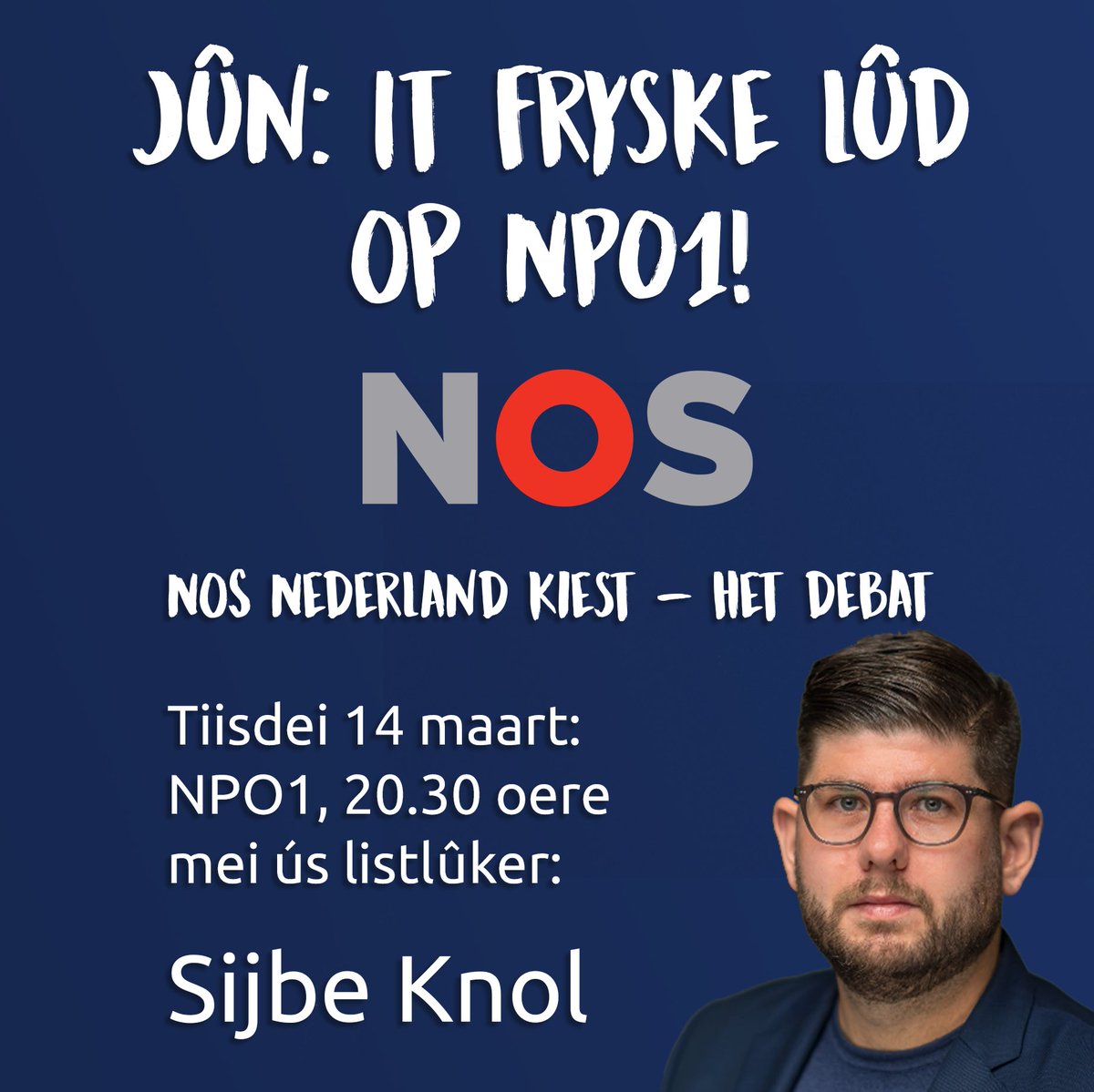 Wy binne der jûn by! De FNP sil meidwaan oan it lânlike slotdebat by de NOS op 14 maart (20.30 oere, NPO1). Us listlúker <a href="/SijbeKnol/">Sijbe Knol</a> giet yn debat oer wichtige ûnderwerpen dy’t spylje dizze ferkiezingen. Wy litte it Fryske lûd lanlik hearre! 

Sjochsto ek mei? 🔥 #Thús #Ikstimfnp