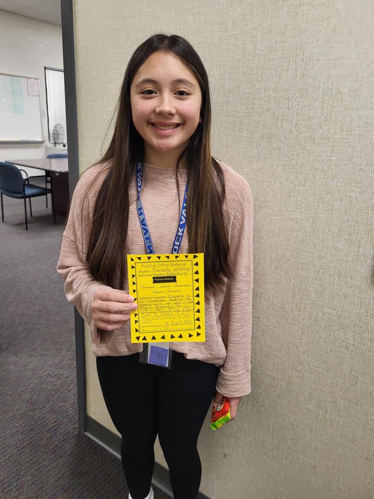 RMSRavens's tweet photo. Positive Office Referral for Isabella! Congratulations! Great Job being cooperative and responsible, showing empathy and poise and self-control. We are proud of you!! #RVMS #positivereferral https://t.co/tyPX6gxeog