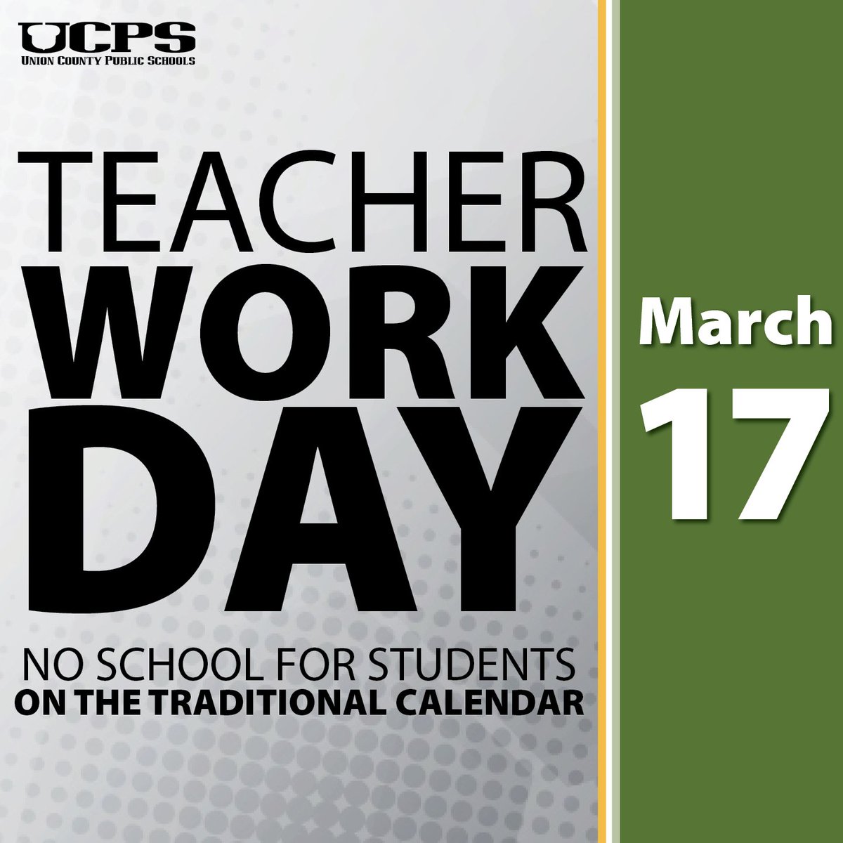 UCVirtualNC's tweet photo. There is a teacher work day on Friday, March 17th. No school for students! #VirtuallyAwesome @UCPSNC @AGHoulihan @SusanRodgersS4 https://t.co/eNJScUuGTO
