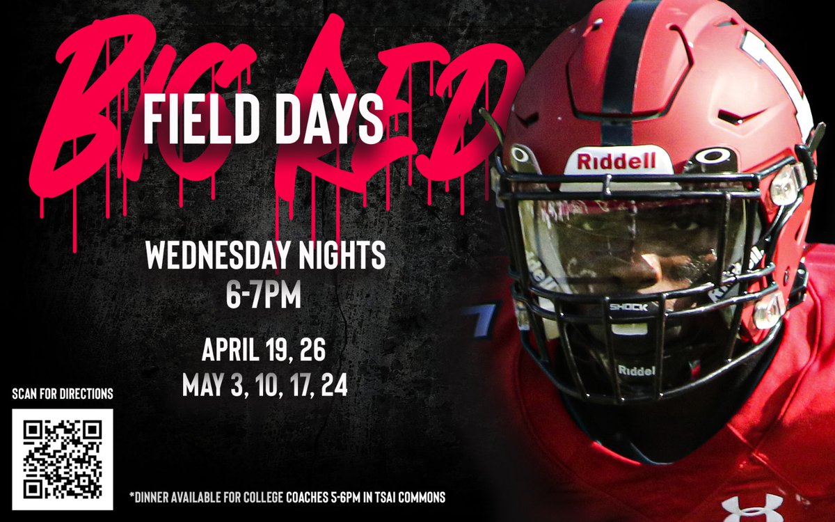 LvilleBigRedFB's tweet photo. Big Red Field Days are back! College coaches, we would love to have you on campus to evaluate our guys. Feel free to grab a bite to eat beforehand as well. Scan the QR Code for directions! See you there! #2500MainvsEveryone 😡 https://t.co/XUZmwik0PF