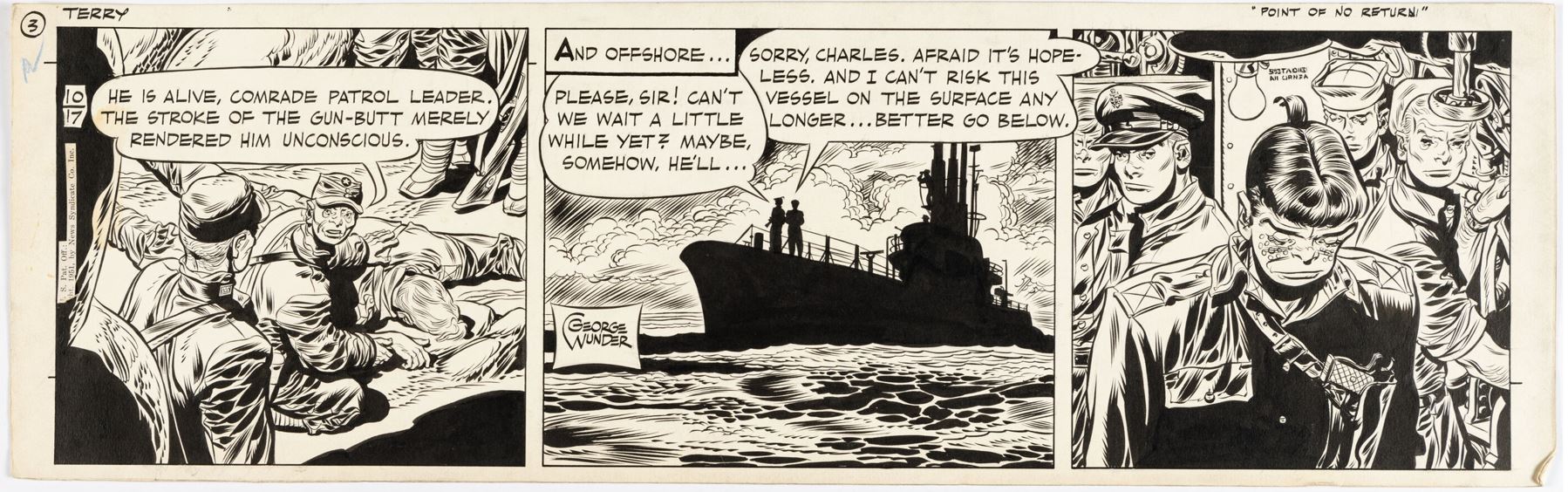 arte original de George Wunder , ejemplo de tira diaria de Terry and the Pirates de octubre de 1951. 