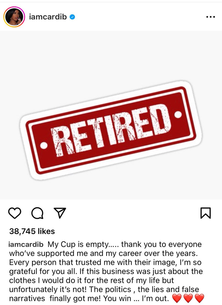 SORRYTHEMOON's tweet image. 🚨| Cardi B has just announced her retirement and departure from female rap.