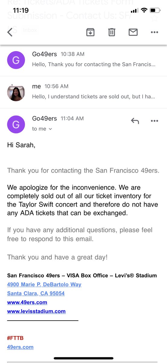 So I contacted @LevisStadium asking for ADA seats for #TSTheErasTour and they said they’re sold out and can’t do anything. I literally don’t know what else to do #CountdownToTSTheEras #SantaClaraTSTheErasTour @taylornation13