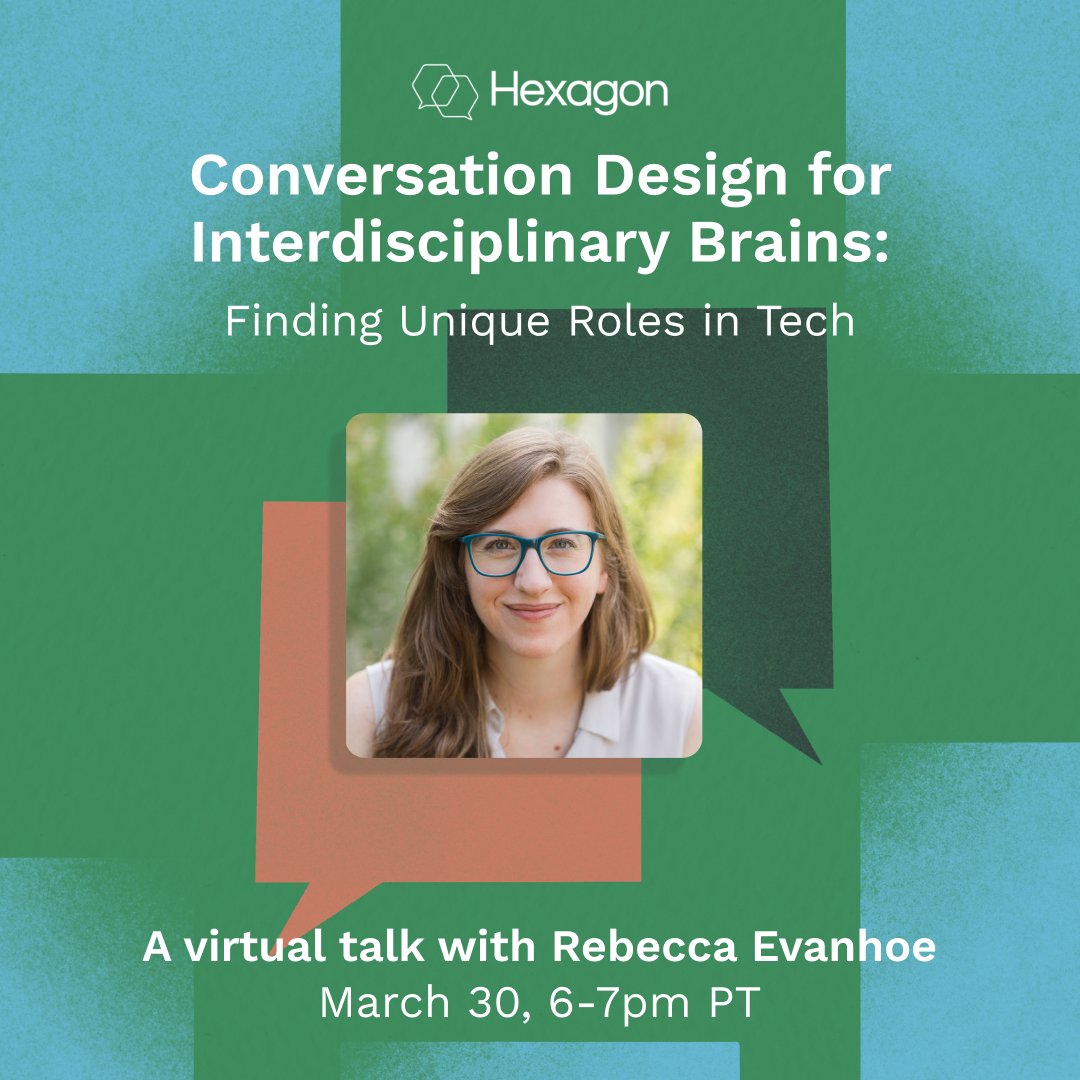 ➡️ Are you an interdisciplinary thinker? 
➡️ Are you looking for unique roles in tech?

👋March 30 (6-7p PT) author &amp; teacher <a href="/revanhoe/">Rebecca E</a> will talk about pathways into #TechJobs and what kinds of skills belong in #ConversationDesign. 

🌟 Reserve your spot! eventbrite.com/e/conversation…