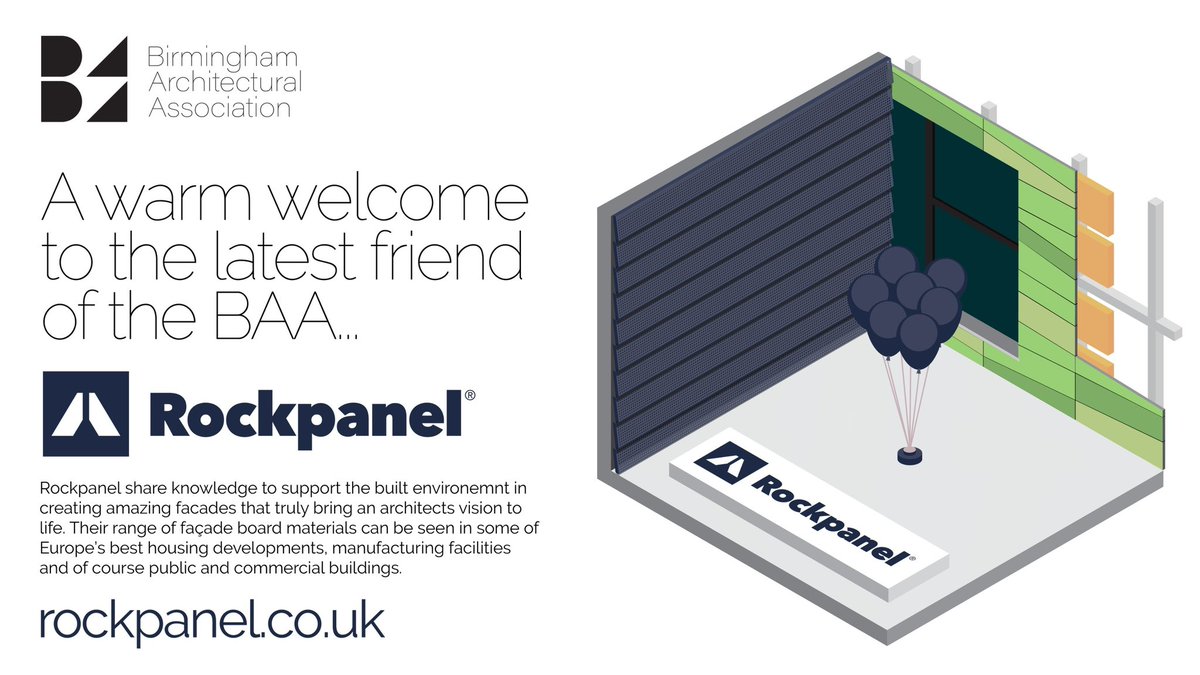 Another big welcome from us at the Birmingham Architectural Association and we’re very grateful to <a href="/Rockpanel/">Rockpanel</a> as they join us as a sponsor and Friend of the BAA

Check out their product range here rockpanel.co.uk and contact John Porter if you have any questions!