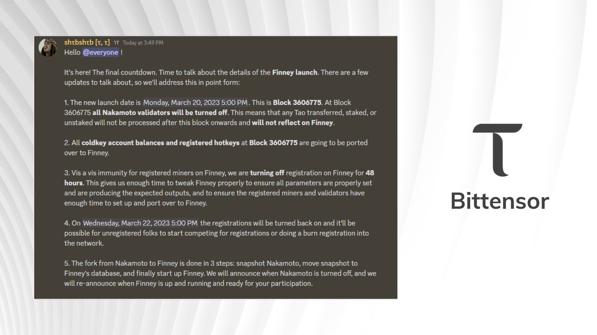 DreadBong0's tweet image. Official #Finney Launch date set on @bittensor_ 🔥

Monday, March 20, 2023.. at Block 3606775

Finney Hard-fork..

⬛️ Step 1 - Snapshot Nakamoto
⬛️ Step 2 - Move snapshot to #Finney
🟩 Step 3 - Fire up #Finney

$TAO