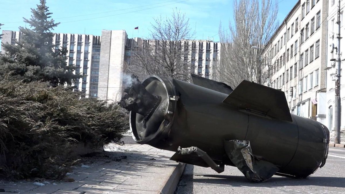 RussianEmbassy's tweet photo. #OTD last year Ukrainian armed forces acted with special cynicism, releasing a #TochkaU missile with a cluster warhead in the centre of the #Donetsk Republic capital during lunch rush hour, when it was especially crowded. 22 killed, 33 injured. #UkrainianWarCrimes #TruthonUkraine https://t.co/w0Eyr4vABp