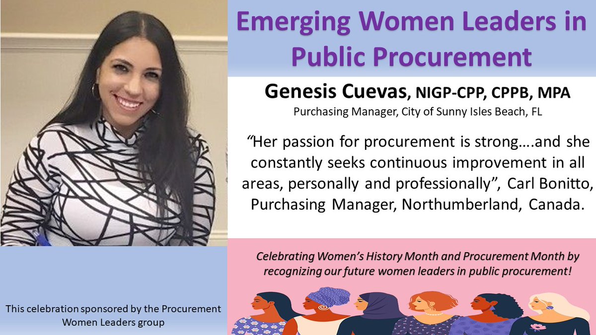 MarchetaG1's tweet photo. Representing Florida, Genesis Cuevas is our Emerging Woman Leader in Procurement being celebrated today! She's doing great things in City of Sunny Isles Beach!
#ProcurementWomanLeader #procurement #MarchIsProcurementMonth #WomensHistoryMonth2023 https://t.co/i5SMaD6g5o