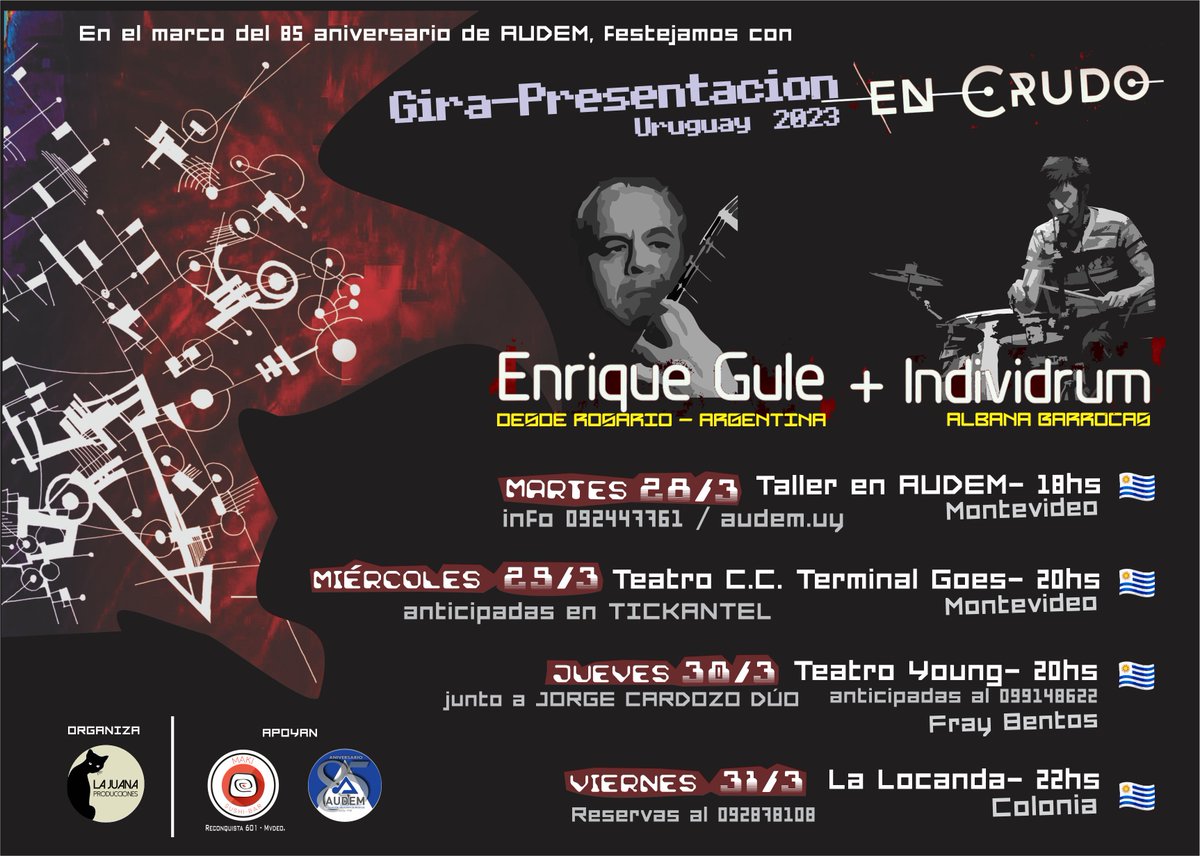 Presentamos este disco a fin de marzo en <a href="/audem_coopaudem/">Asociacion Uruguaya de Musicos - COOPAUDEM</a>  <a href="/CCTerminalGoes/">C. C. Terminal Goes</a> Teatro Young (Fray Bentos) y La Locanda (Colonia)
open.spotify.com/album/2OQez1Vc…
#Uruguay #music #electronicmusic #fusion #NewAlbum #presentation
