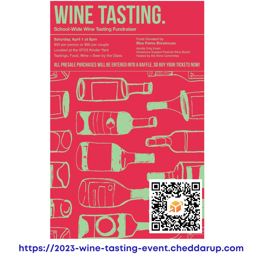 SFDS_School's tweet photo. School-Wide Wine Tasting Fundraiser
Saturday, April 1 at 6 pm
$50 per person or $90 per couple
Located at the SFDS Kinder Yard
Tastings, Food, Wine + Beer by the Glass

Tickets: https://t.co/zV3curdBvK https://t.co/ePH9UcUace