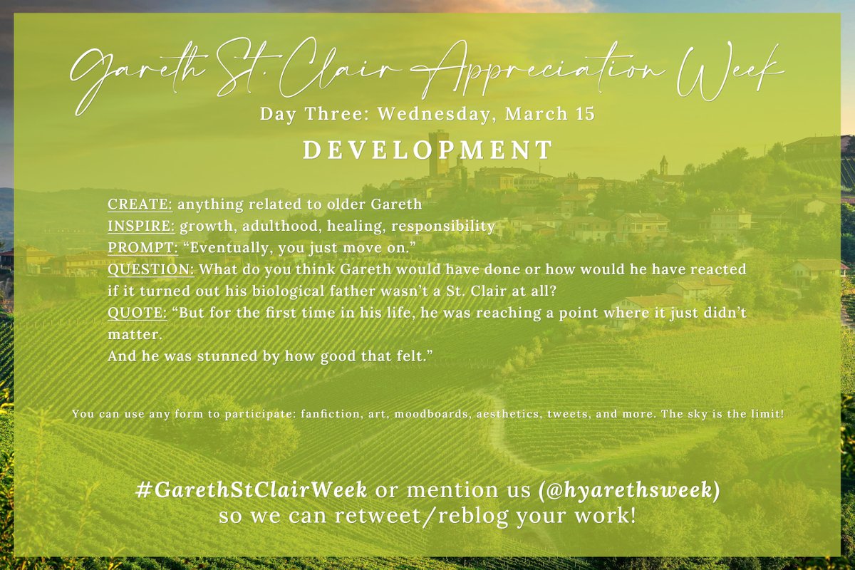 hyarethsweek's tweet photo. #GarethStClairWeek DAY THREE: DEVELOPMENT
today we celebrate the incredible man Gareth has become!
today's question: how do you think Gareth would have reacted if it turned out his biological father wasn't a St. Clair at all?
we can't wait to see your work and/or responses! https://t.co/yaiYmYGHJh
