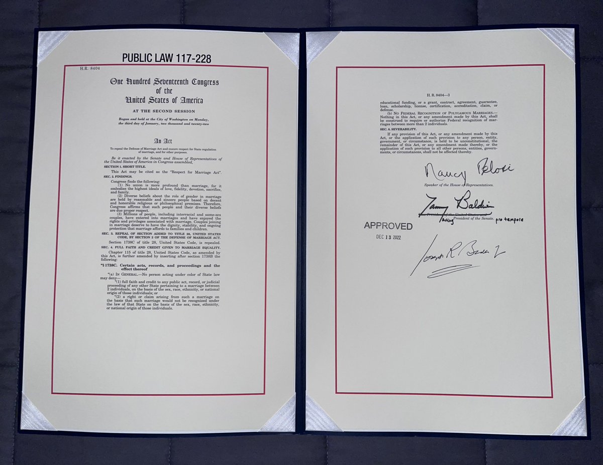 Thanks to my office, I was able to bring home a copy of the #RespectforMarriageAct (no, this one is not actually signed by the President), that was passed in Congress last year. It’s amazing to have a copy of this piece of transformational American history. 🏳️‍🌈