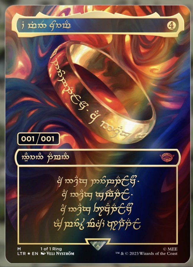 Idk what’s more flavorful 

The fact that the ONE ring has a on brand flavor of a 001/001 specialized printing 

Or the fact that so many of y’all are up in arms discourse over the fact that WOTC made this to mirror only one ring, acting like a bunch of Boromirs and Gollums