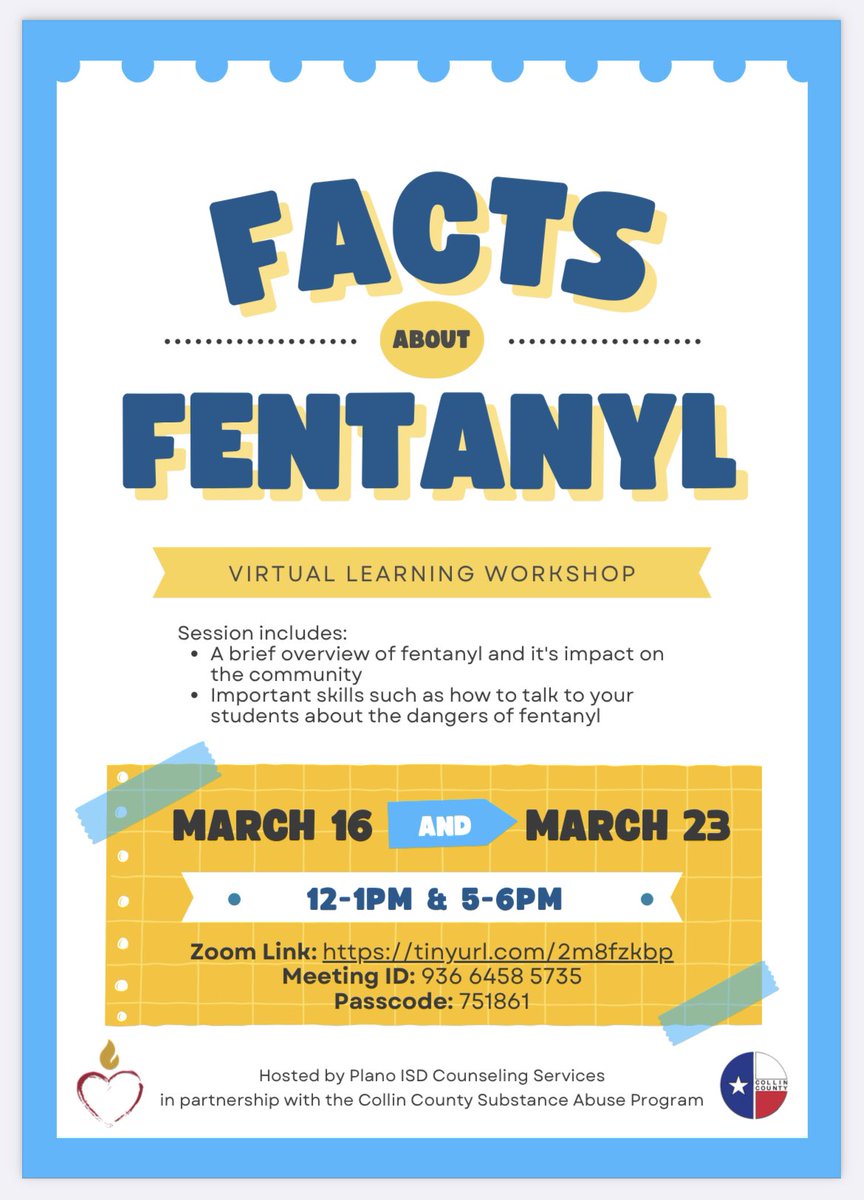 Join Plano ISD social workers for one of their virtual learning workshops on how to talk to your students about the dangers of Fentanyl @PrincipalEwing @Plano_Schools @LariLiner @R_H_Steele @StokerJill @TheLauraZimmer @KristynEdney