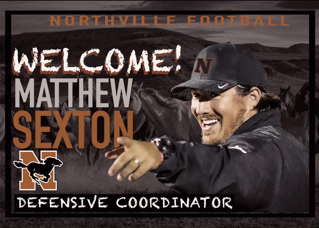 Officially a Mustang! 

I am honored &amp; excited to start this next chapter of my life as the Northville Defensive Coordinator.

Thank you <a href="/brentluplow/">Brent Luplow</a> and <a href="/nvilleathletics/">Northville Athletics</a> for this incredible opportunity to give back to to the community that my family calls home!

GO MUSTANGS!🐎