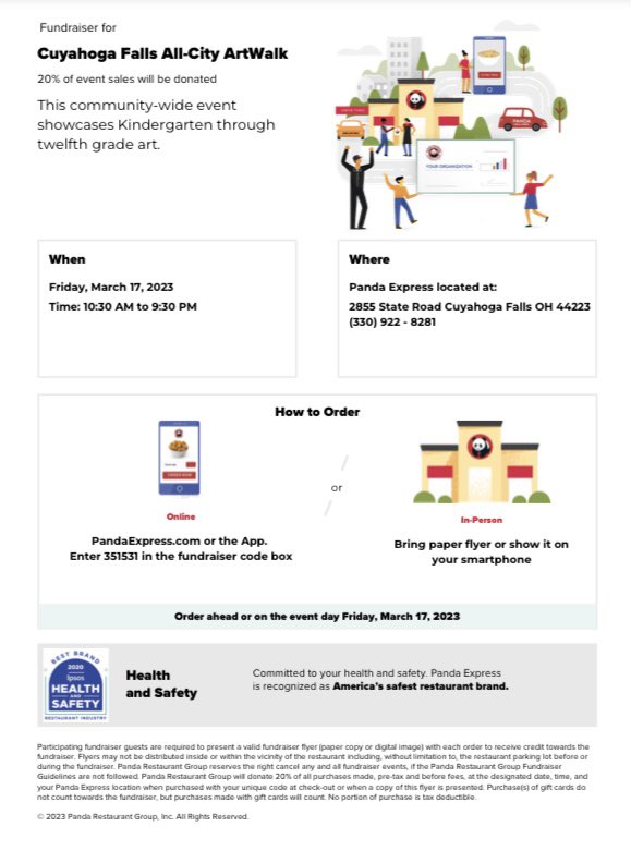 Treat yourself to a meal at the Panda Express this Friday &amp; support our CFCS All City Art Walk at the same time!! This event celebrates all our youth artists K-12! When you order make sure to present an image of the flyer attached or input our code# on an online order. Thank You