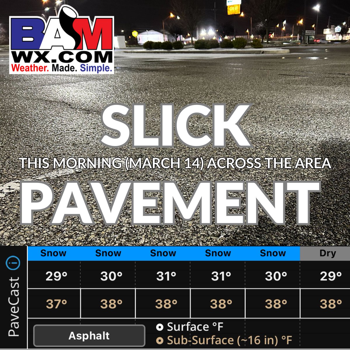 👀Caught off guard by slick roads/lots last night? 

✅Our Pavecast Feature on the @WeatherPorthole is built to support your needs in the Snow Removal Industry! 

➡️We provide temperature data for a variety of different pavement types, in addition to impact forecast based on