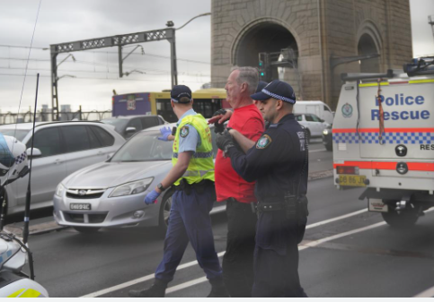 wagepeaceau's tweet photo. Severity appeal: Allan Glover
Video: 
40 seconds of Allan calling attention to the climate emergency by holding a flare on the Sydney Harbour Bridge - what better place to declare how serious the situation is. Discussing: "Seriousness of disruption"
#ProtectProtest 
#peoplepower https://t.co/MYupWqay7d