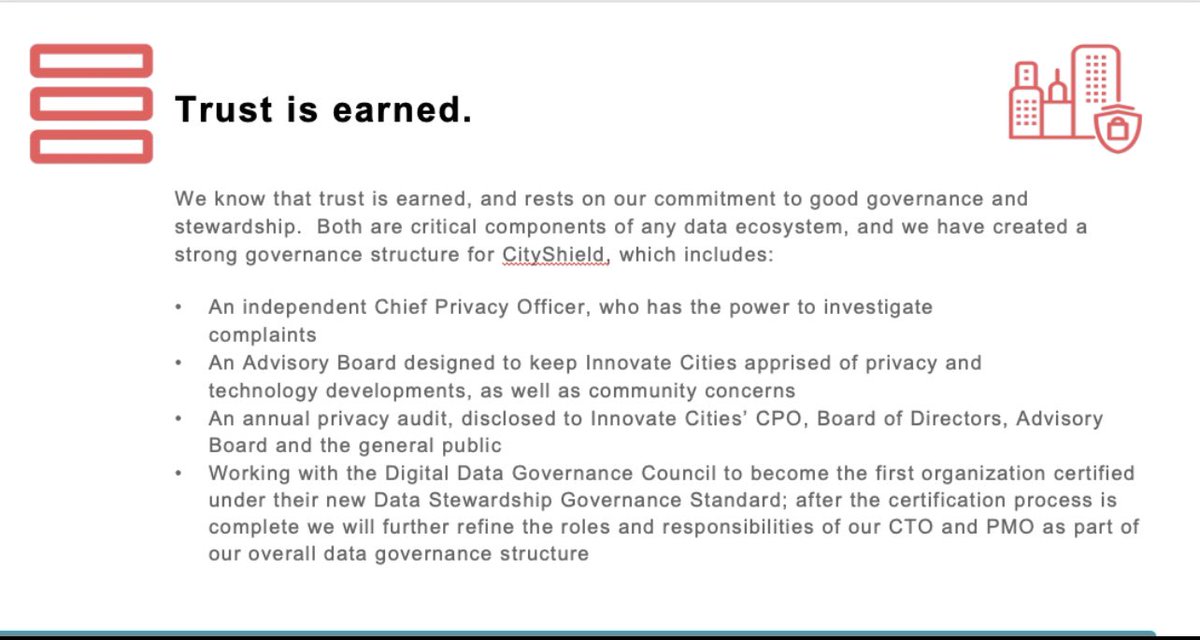 At Innovate Cities, we know that trust is earned.  It rests on our commitment to good governance and stewardship, and both are built into our data trust, CityShield. To learn more about #CityShield, visit our website cityshield.ca
 #onpoli #datatrust #cdnpoli