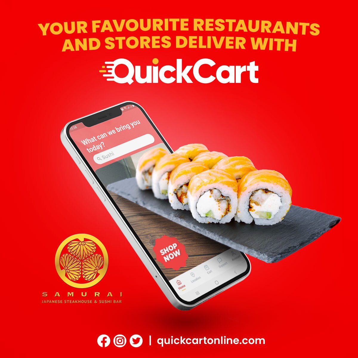 Craving Sushi? We have your back! 😋

Get your favorite rolls delivered for FREE from @samuraitrinidad. No coupon code required. 

Order now at quickcartonline.com.