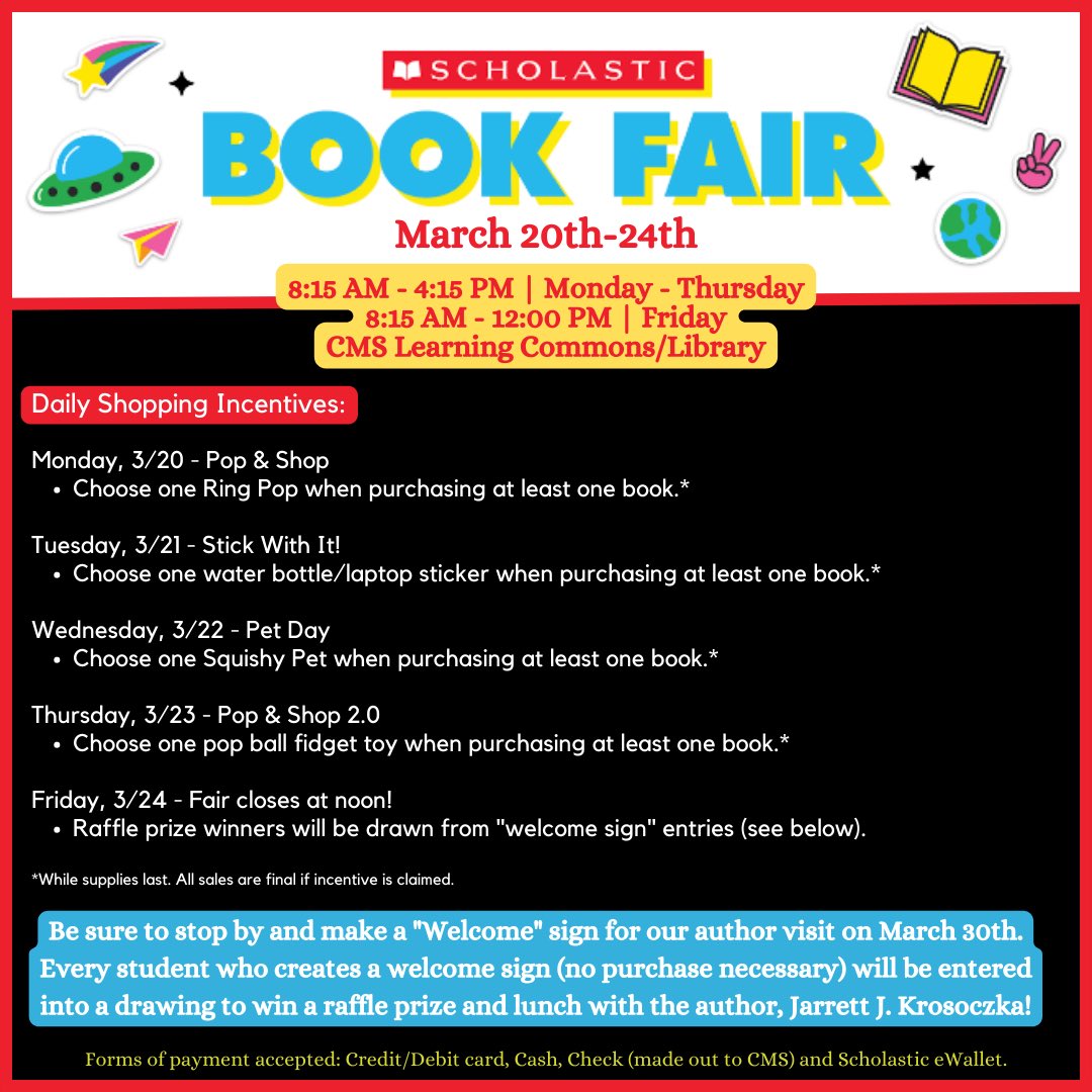 Get Ready! Book Fair starts Monday, March 20th and closes at noon on Friday, March 24th.

Visit our Book Fair homepage to learn more and get started with eWallet and online shopping:
scholastic.com/bf/cockrillmid…
📚
#cmscowboys <a href="/CockrillCowboys/">Cockrill Middle School</a> #cmsreads