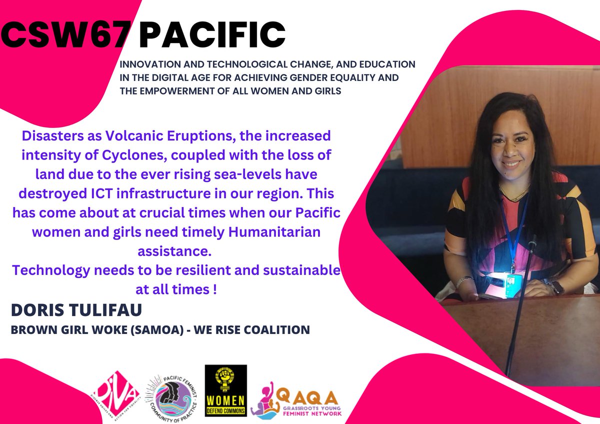 pacfemcop's tweet photo. Doris of Tulifau - from @BrownWoke in #Samoa is in NY attending #CSW67 shares on how the impacts of #climatedisasters has destroyed ICT infrastructure in the #Pacific and calls for #resilient and #sustainable technology especially for #women &amp; #girls during #humanitariancrisis. https://t.co/Sz72LiMX6j