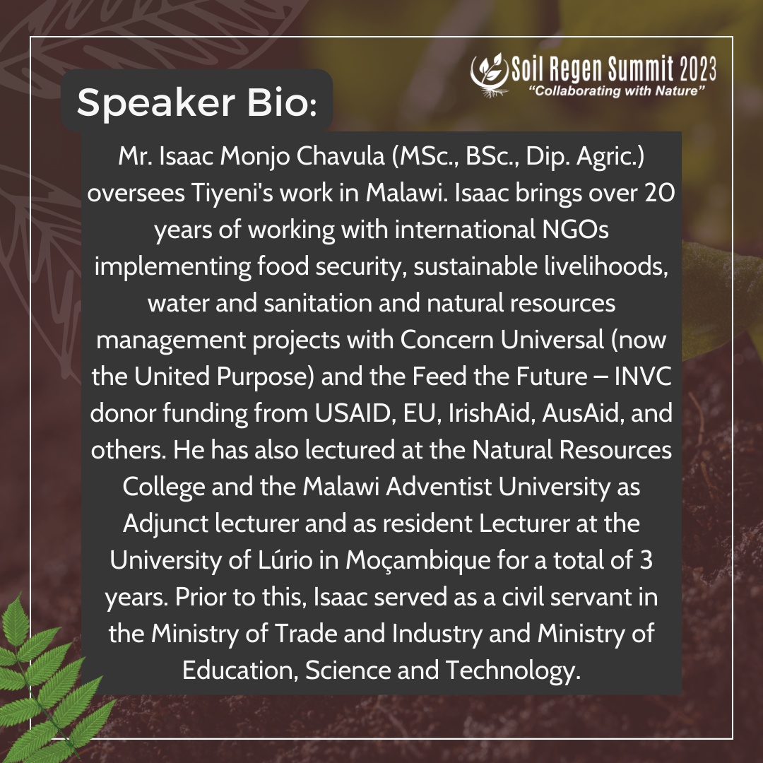 Isaac Monjo Chavula is the country director of Tiyeni and has over 20 years of working with international NGOs implementing food security, sustainable livelihoods, water and sanitation and natural management projects. Watch the Panel Discussion with Issac on this Wednesday!