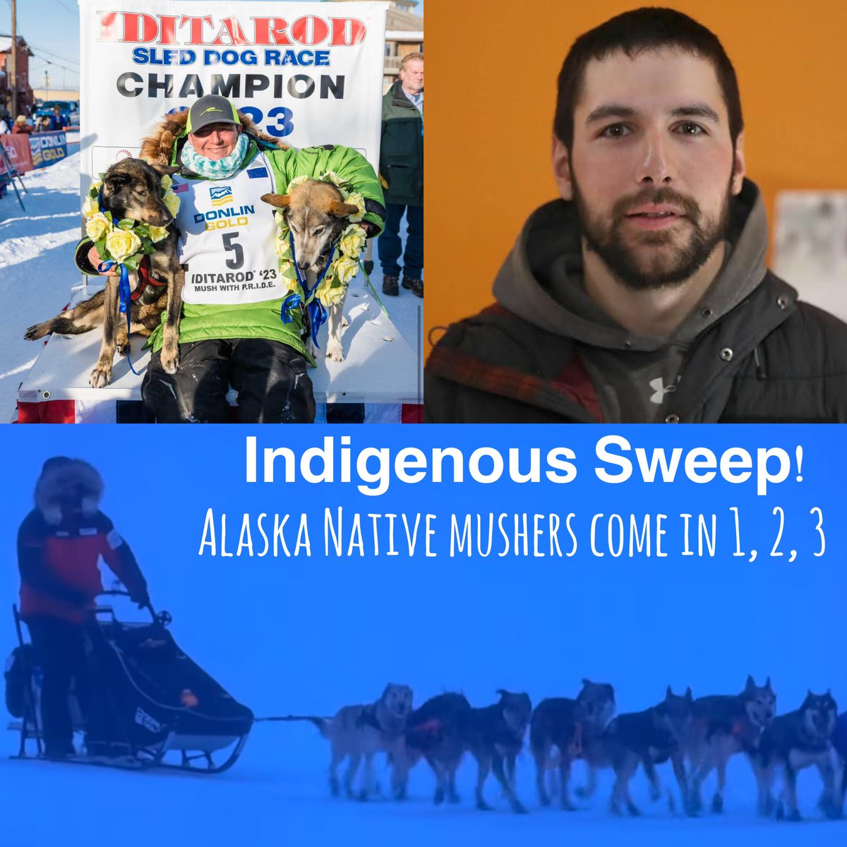 WritingRaven's tweet photo. Inupiaq musher Ryan Redington, Yup’ik musher Pete Kaiser, and Dena’ina musher Richie Diehl in 1, 2, 3 for the 2023 Iditarod! 👏🏽👏🏽👏🏽

#iditarod #alaskanative #indigenous #dogmushing #inupiat #inupiaq #yupik #denaina #athabascan #athabaskan #alaska #ryanredington https://t.co/zzpdAhytFW