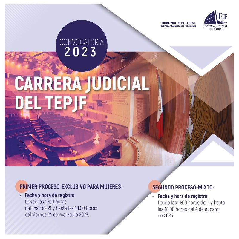 TEPJF_EJE's tweet photo. 📢 Ya está disponible la convocatoria para el Proceso de #CarreraJudicial 2023 del @TEPJF_informa 

Te invitamos a conocer los detalles en https://t.co/cIZYygrqwM https://t.co/7TeQzsinkC