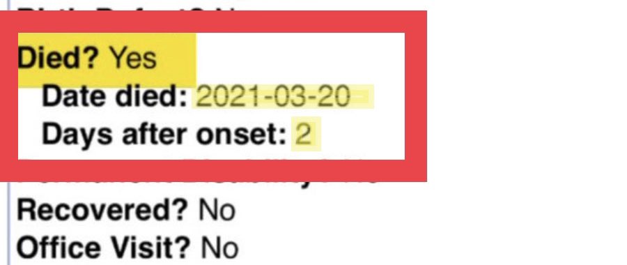 TexasLindsay_'s tweet photo. Although most are savvy enough to figure this out, some are not. There appears to be clerical error on the date. It says the baby died 2 days after onset on 3/20/21. However the notes mistakenly say the mom got her shot in 3/2020 instead of 3/2021. Latter is likely a human error. https://t.co/pMt6egqWGm
