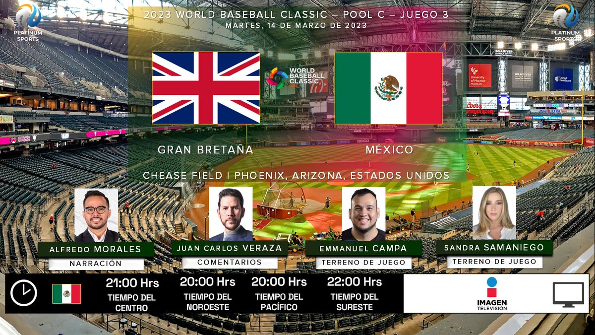 ramonovic09's tweet image. #WorldBaseballClassic 2023 #PoolC Juego 3 | 🇨🇴 #GranBretaña 🆚 #México 🇲🇽

🗓️ Hoy
🇲🇽 ⏰ 20:00 Hrs TC, 19:00 Hrs TP
📺 @ImagenTVMex
🎤 @LoboMorales_ 🐺
🎤📝 @JCVeraza
🎤⛳ @elcampa21
🎤⛳ @sandrassama

#LaCasaDelBéisbol #ImagenTelevisión #GBRMEX #GreatBretainvsMexico