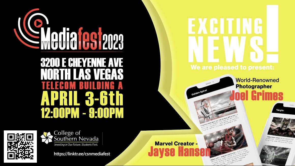 Media Fest 2023 is coming to the #CSN N. Las Vegas campus April 3-6 ! Check out this event showcasing the CSN Dept. of Media Technologies. Open to the public! Workshops, vendors, and speakers like <a href="/JoelGrimesPhoto/">Joel Grimes</a> and <a href="/jayse_/">Jayse Hansen</a>  ! See the schedule at csn.edu/schools/school…