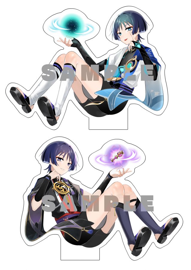 xingqiu (genshin impact) male focus 1boy blue hair sitting solo frilled sleeves jewelry  illustration images