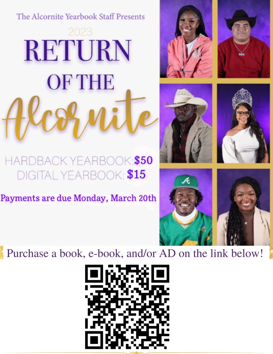 Yearbooks for the 2022-2023 school year are NOW on sale! All payments are due by March 20th. Click the link below to purchase a yearbook or AD and help us reach our goal!!!💜📚 Contact jordanbuck@students.alcorn.edu if you have any questions.

link.entourageyearbooks.com/view_account.a…