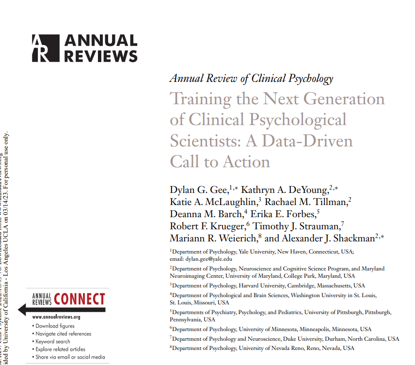 Starting up a perspective piece on psych training with some kick-ass mentees. What are your favorite reads on psych training reform? I'll start w/ pubmed.ncbi.nlm.nih.gov/35216523/ by <a href="/dylanggee/">Dylan Gee, PhD</a>, DeYoung, McLaughlin, Tillman, Barch, <a href="/forbes_erika/">Erika Forbes</a>, Krueger, Strauman, Weierich, @ajshackman