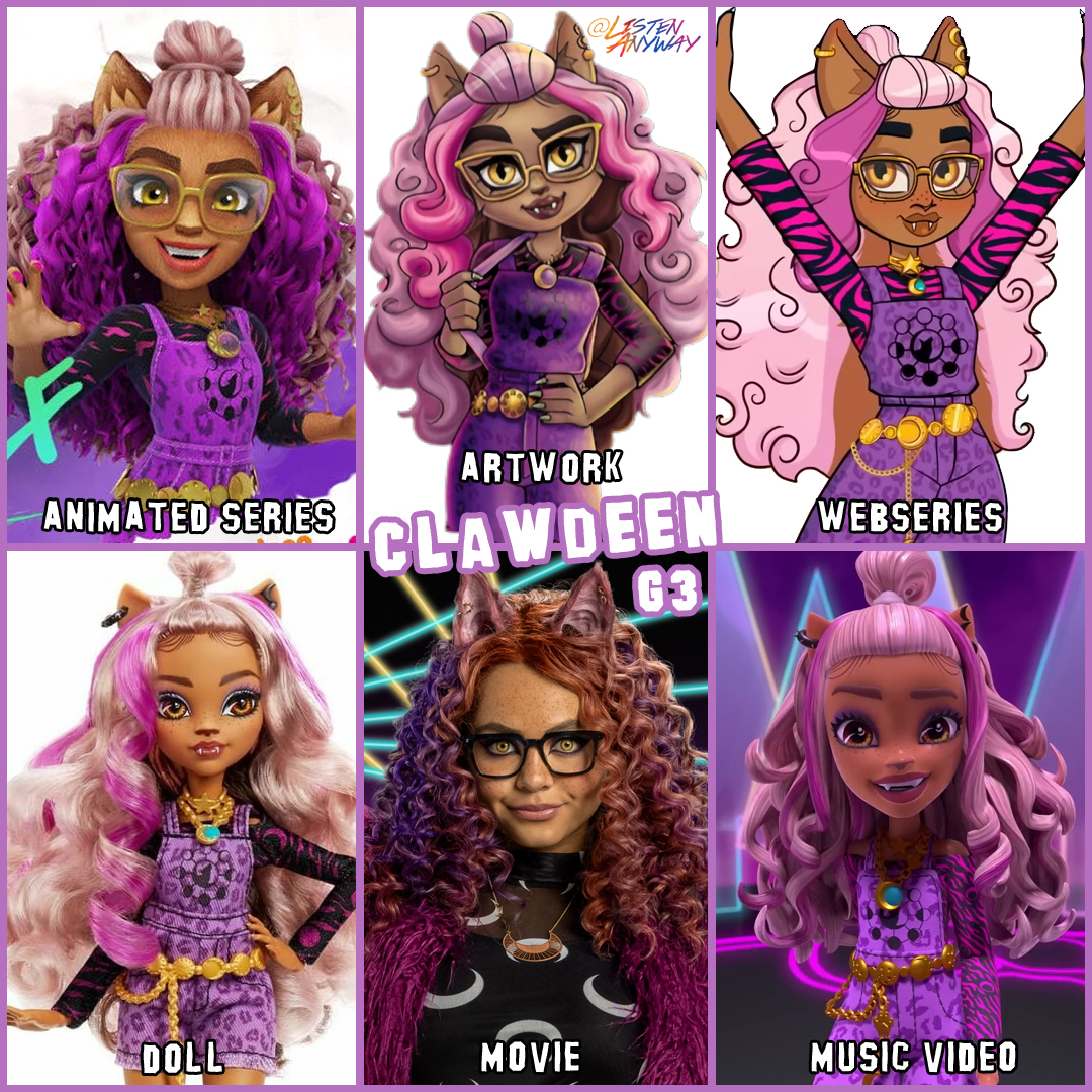 ListenAnyway's tweet photo. The different styles of Clawdeen Wolf in the 3 Generations of #monsterhigh #clawdeenwolf #draculaura #frankiestein #cleodenile #lagoonablue #monsterhighdolls #welcometomonsterhigh #monsterhighcollectors #monsterhighcollector #wearemonsterhigh https://t.co/YaCLNDhUee