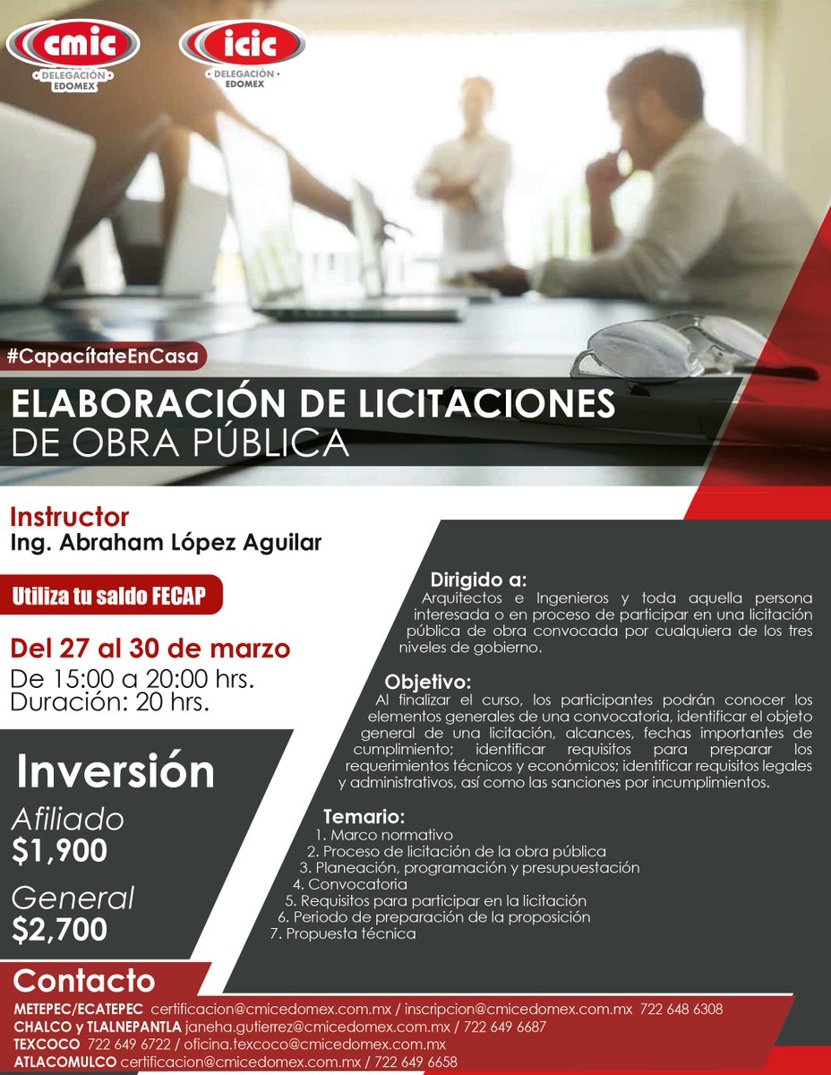 CMIC_Edomex's tweet photo. 📈 Mejora tus propuestas de licitación de obra para los tres niveles de gobierno con este curso del ICIC EdoMéx.
¡Puedes usar tu saldo FECAP! 💰
#CapacitateEnCasa🏡 https://t.co/CwYZEV1bZy